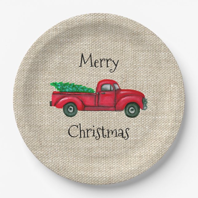 Vintage Red Truck Christmas Tree Melamine Plate (Front)