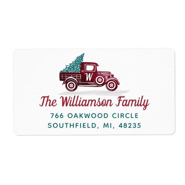 Vintage Red Truck Christmas Tree Monogram Address (Front)