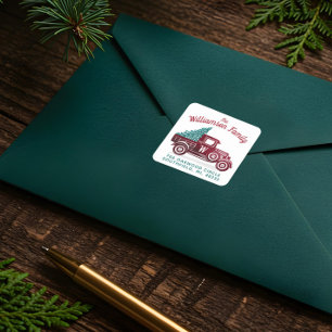 Vintage Red Truck Christmas Tree Monogram Address Square Sticker