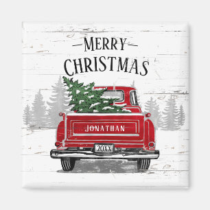 Vintage Red Truck Christmas Tree Name Rustic Wood  Magnet