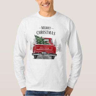 Vintage Red Truck Christmas Tree Name Rustic Wood T-Shirt