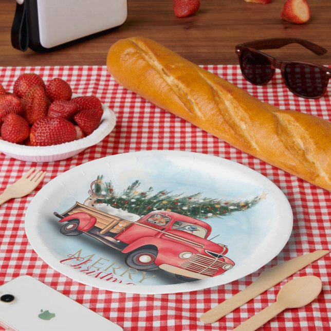 Vintage Red Truck Christmas Tree Paper Plate (Picnic)