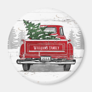 Vintage Red Truck Christmas Tree Rustic Name Magnet