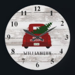 Vintage Red Truck Christmas Tree Rustic Wood Round Large Clock<br><div class="desc">Vintage Red Truck Christmas Tree Rustic Wood Round Clock - features an adorable vintage red truck carrying a freshly cut Christmas tree and is personalised with your family name. Background is white distressed wood. Clock would be a wonderful addition to your Christmas decor. Clock also makes a very thoughtful gift....</div>