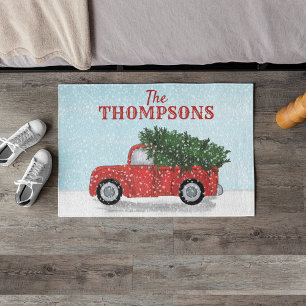 Vintage Red Truck Christmas Tree Snow Personalised Doormat