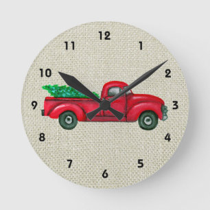 Vintage Red Truck Christmas Tree Wall Clock