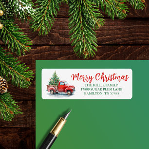 Vintage Red Truck Christmas Tree Watercolor Return Address Label