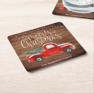 Vintage Red Truck   Classic Rustic Christmas Square Paper Coaster