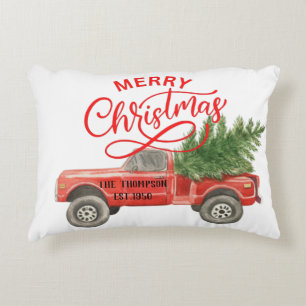 Vintage red truck Cute family name design white    Decorative Cushion