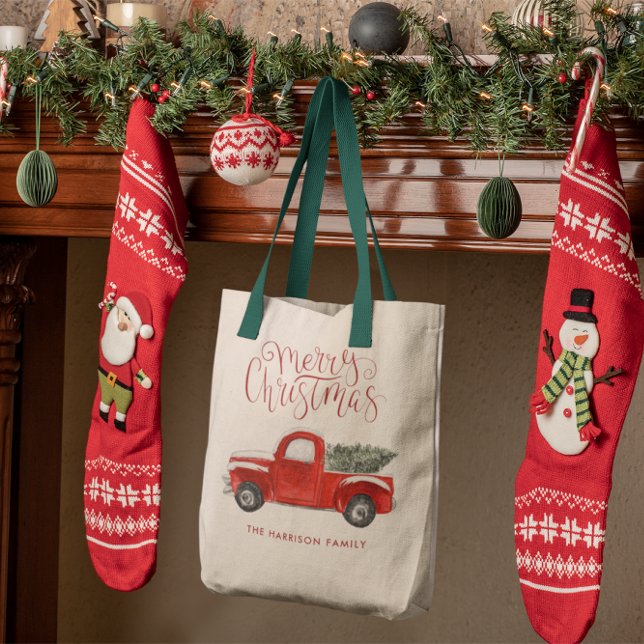 Vintage Red Truck | Family Christmas Monogram Tote Bag (Creator Uploaded)