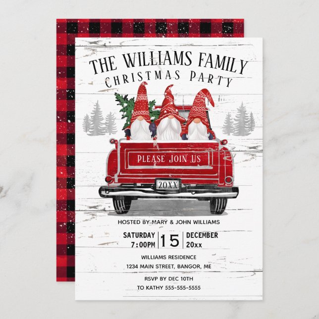 Vintage Red Truck Gnome Christmas Party Invitation (Front/Back)