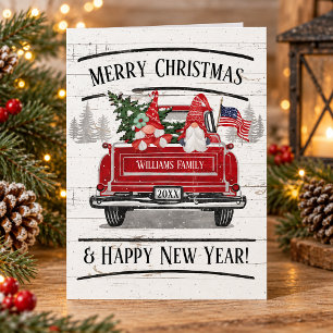 Vintage Red Truck Gnome Couple Patriotic Christmas Holiday Card