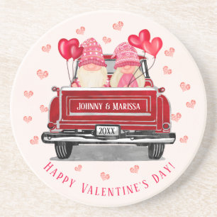 Vintage Red Truck Gnome Couple Pink Hearts Coaster