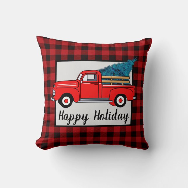 Vintage Red truck, happy holiday, buffalo plaid Cushion (Front)