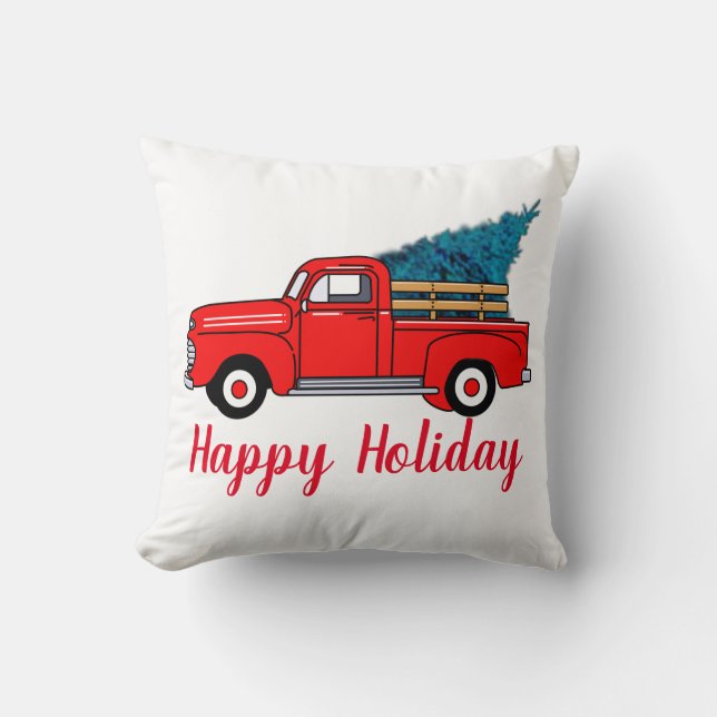 Vintage Red truck, happy holiday, Christmas tree Cushion (Front)