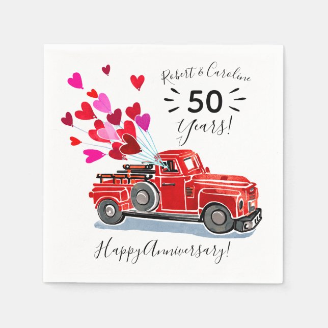 Vintage Red Truck Hearts Anniversary Add Names Napkin (Front)