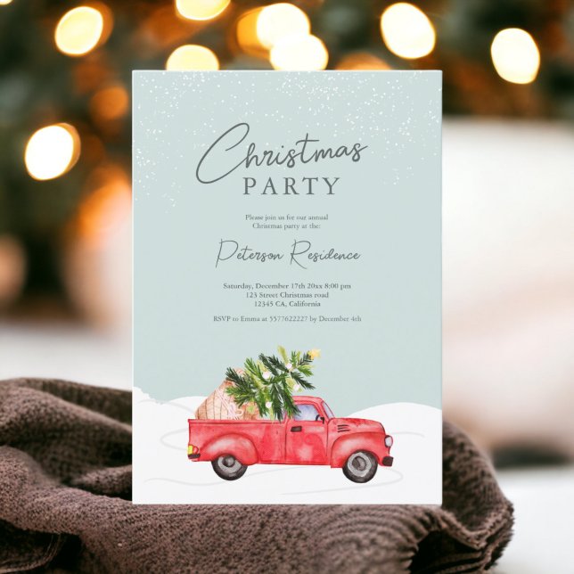 Vintage red truck ice blue snow Christmas Invitation (Vintage red truck ice blue snow Christmas Invitation)