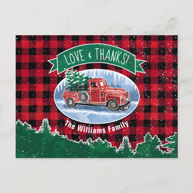 Vintage Red Truck Love & Thanks Holiday Postcard (Front)