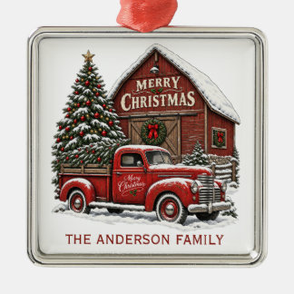 Vintage Red Truck Merry Christmas Barn Personalise Metal Ornament