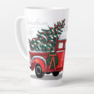 Vintage Red Truck Merry Christmas Monogram Name Latte Mug