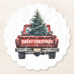 Vintage Red Truck Merry Christmas Paper Coaster
