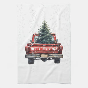Vintage Red Truck Merry Christmas Tea Towel