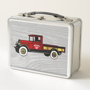 Vintage Red Truck on Wood Pattern Metal Lunch Box