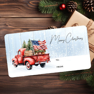 Vintage Red Truck Patriotic Merry Christmas Gift Label