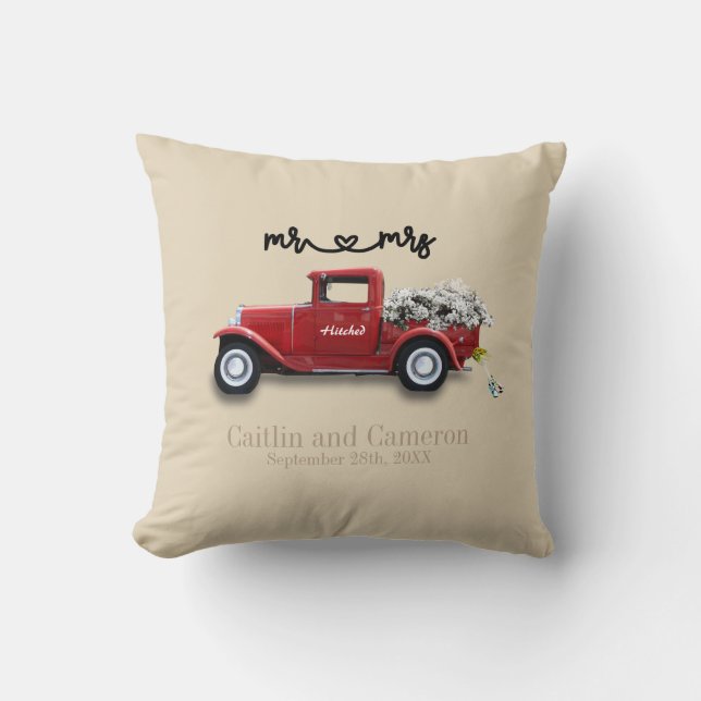 Vintage Red Truck Personalized Wedding Pillow (Front)