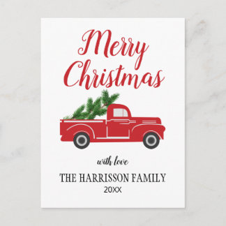 Vintage Red Truck Pine Tree Merry Christmas Postcard
