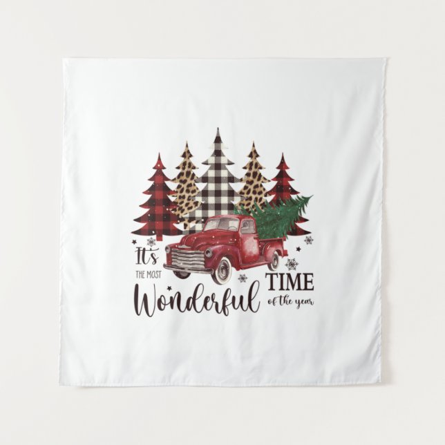 Vintage Red Truck,Pine Tree   Tapestry (Front)