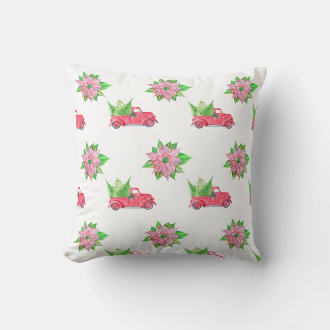 Vintage Red Truck & Poinsettias  Cushion (Front)