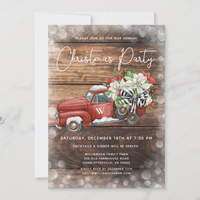 Vintage Red Truck Rustic Christmas Party  Holiday Card (Front)