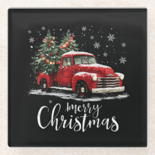 Vintage Red Truck SantaTree Merry Christmas Funny Glass Coaster