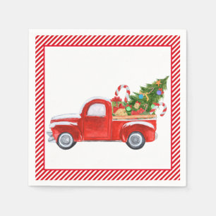 Vintage Red Truck Stripes Merry Christmas Holiday Napkin