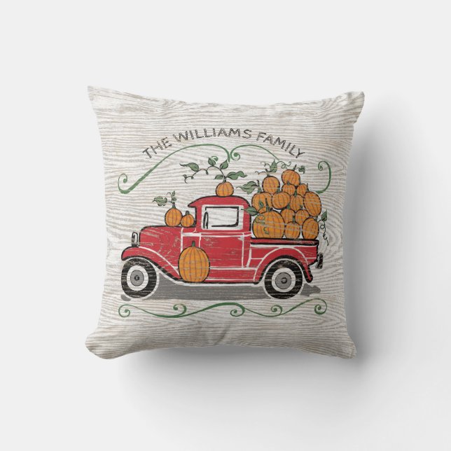 Vintage Red Truck Sunflower Family Name Rustic Cushion (Front)