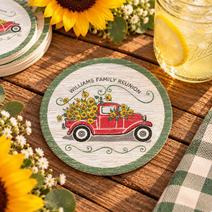 Vintage Red Truck Sunflowers Rustic Family Reunion Round Paper Coaster