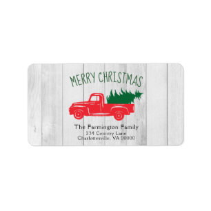 Vintage Red Truck & Tree White Wood Gift Tag