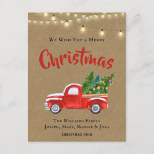 VINTAGE RED TRUCK WATERCOLOR RUSTIC CHRISTMAS HOLIDAY POSTCARD