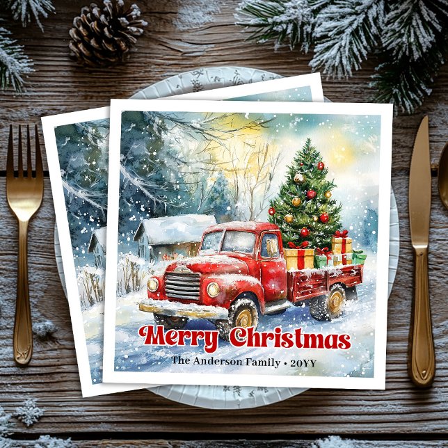 Vintage red truck winter scene rustic table napkin (Vintage red truck winter scene rustic table napkin)