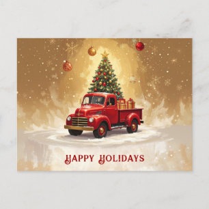 Vintage Red Truck with Christmas Tree and Gifts Postcard