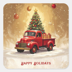 Vintage Red Truck with Christmas Tree and Gifts Square Sticker