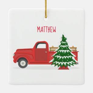 Vintage Red Truck with Christmas Tree Ceramic Ornament