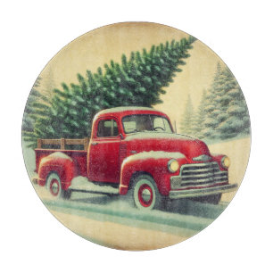 Vintage red truck with Christmas tree Cutting Board