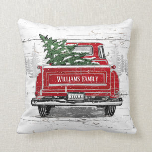 Vintage Red Truck with Christmas Tree Family Name Cushion