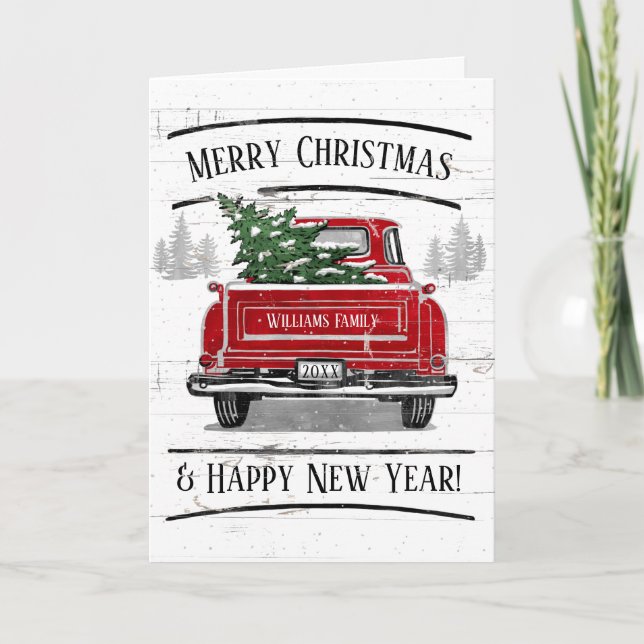 Vintage Red Truck with Christmas Tree Family Name Holiday Card (Front)