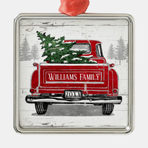 Vintage Red Truck with Christmas Tree Family Name Metal Ornament