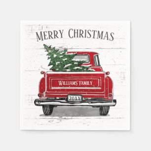 Vintage Red Truck with Christmas Tree Family Name Napkin