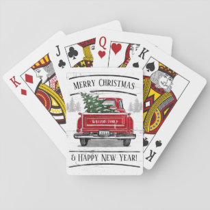 Vintage Red Truck with Christmas Tree Family Name Playing Cards