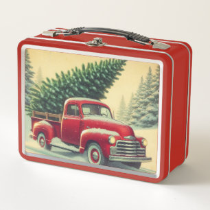 Vintage red truck with Christmas tree Metal Lunch Box